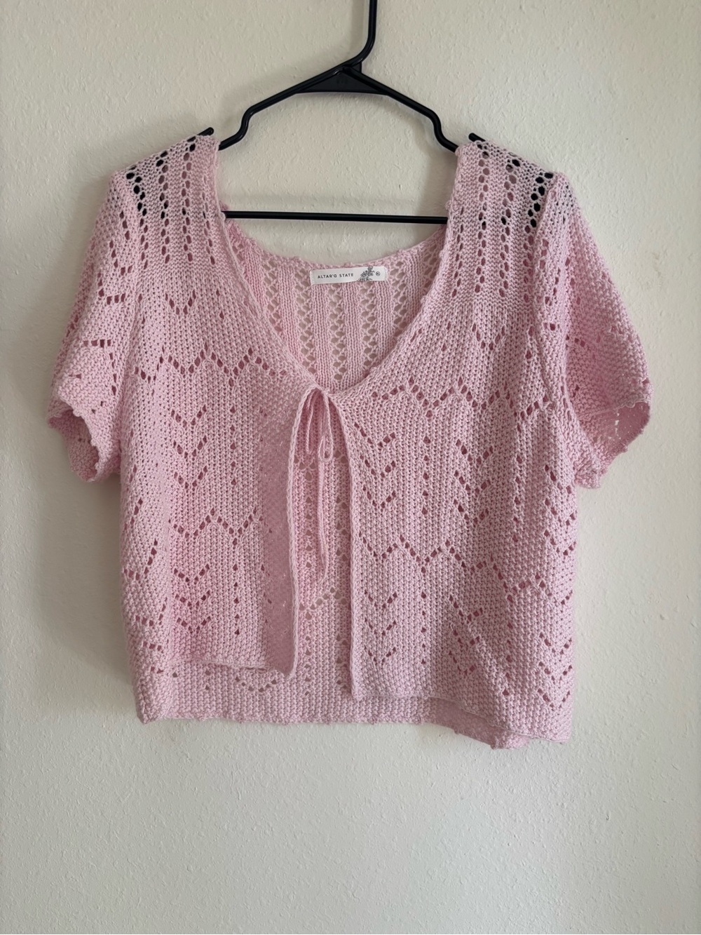 Altar'd State Pink Open-Knit Tie-Front Cropped Sweater Top